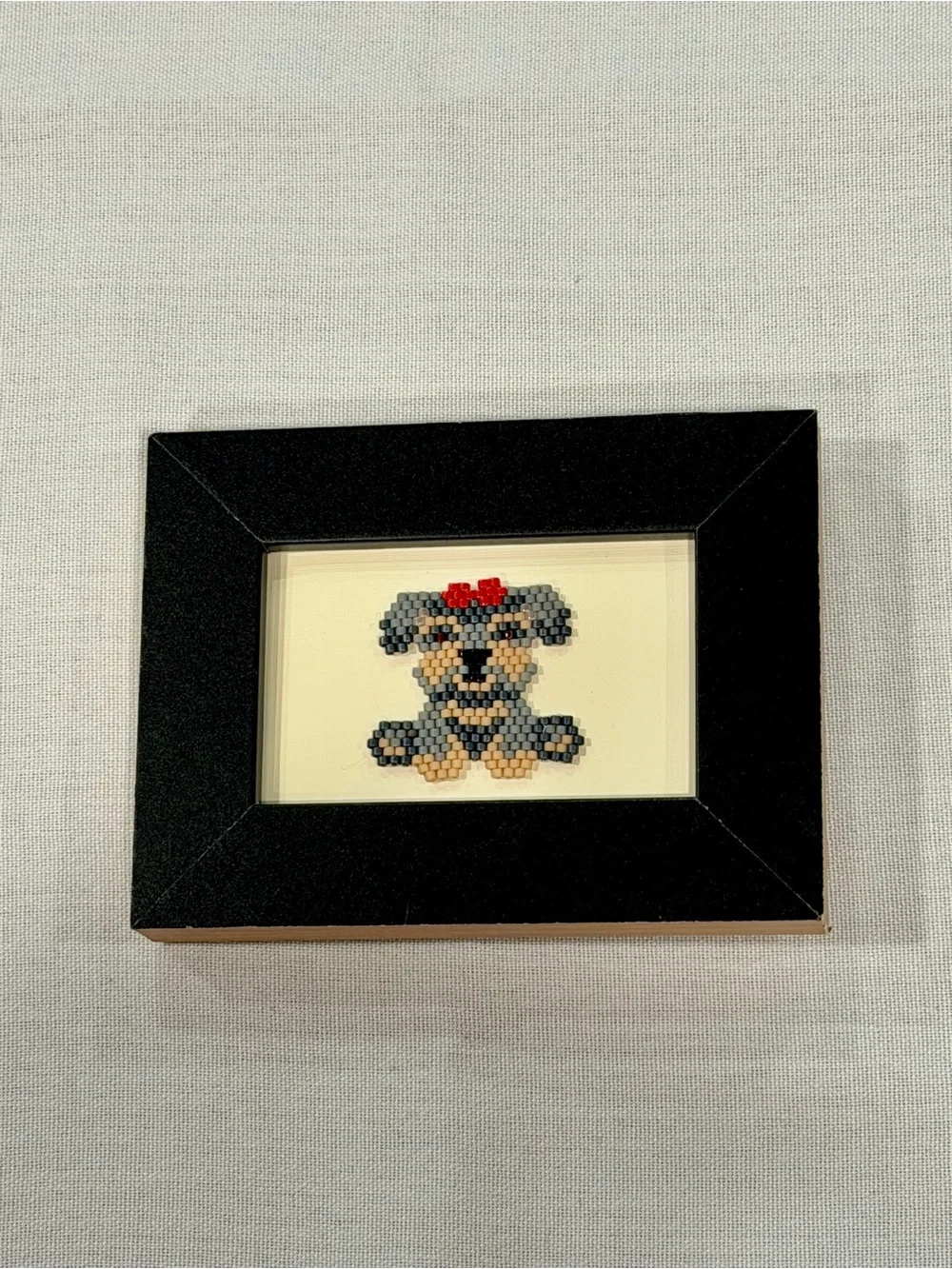 Tiny Schnauzer Bead Art in Black Frame • Handmade Mini Dog Decor